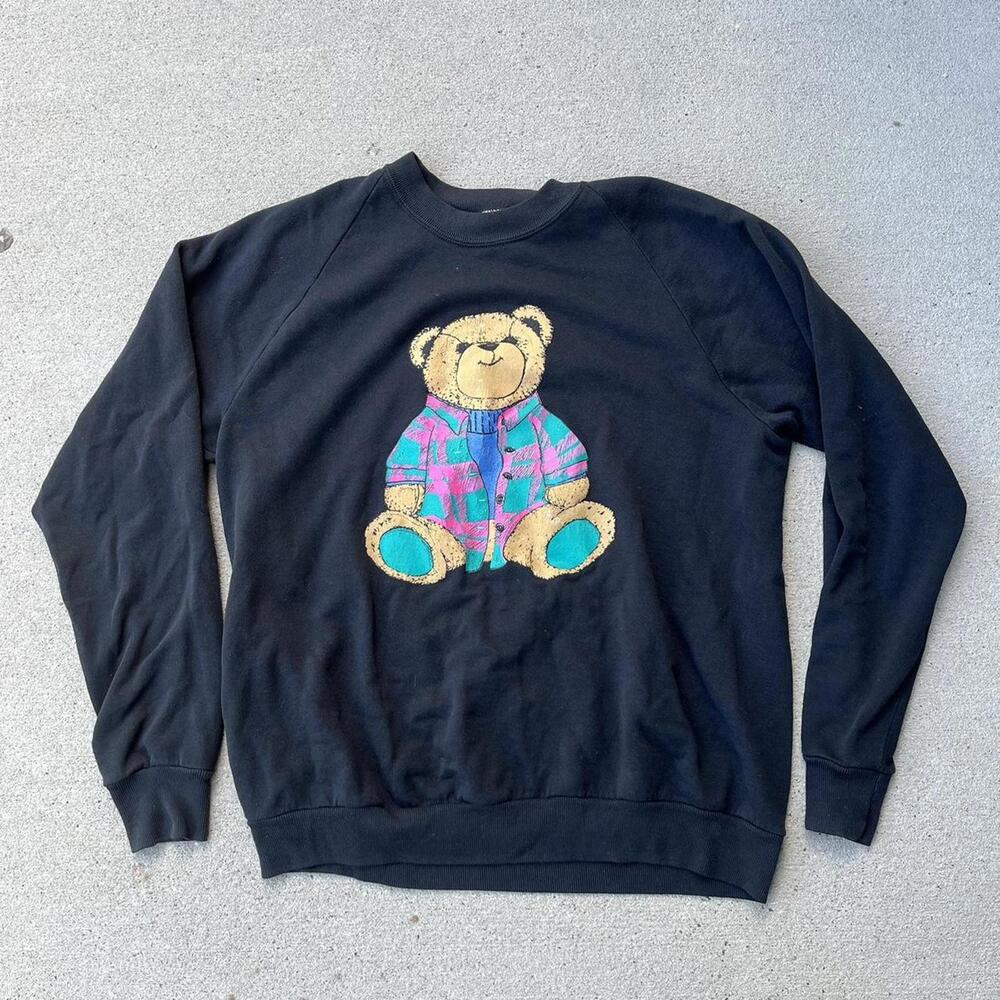 Vintage 80s black crewneck fade sweater w/ bear in pink & green flannel graphic